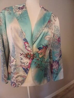 Alberto Makali Silk Floral Print Blazer with Lilac Lining - Teal & Pink Sz 8